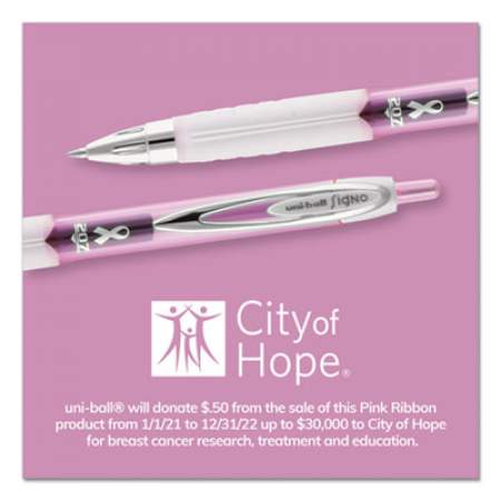 uni-ball Signo 207 City of Hope Edition Gel Pen, Retractable, Bold 1 mm, Black Ink, Pink Barrel, Dozen (751774)