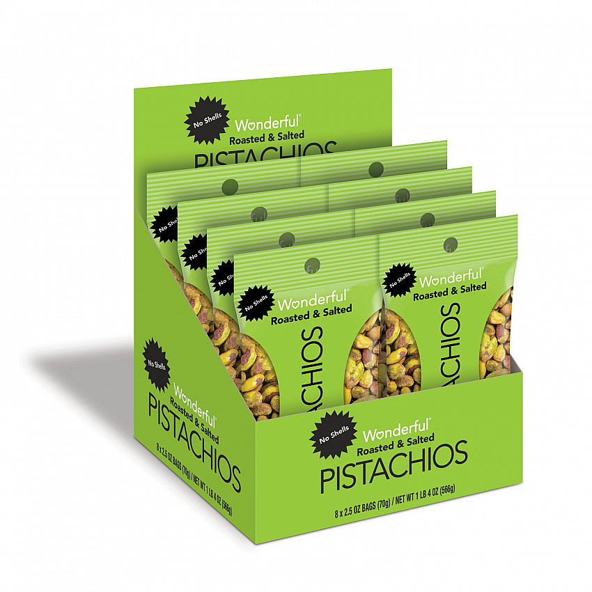 Wonderful Pistachios, Dry Roasted and Salted, 2.5 oz, 8/Box (070146A25M)