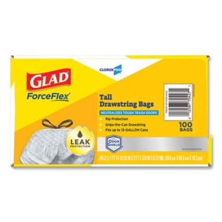 Glad ForceFlex Tall Kitchen Drawstring Trash Bags, 13 gal, 0.72 mil, 23.75" x 24.88", Gray, 100/Box (70427)