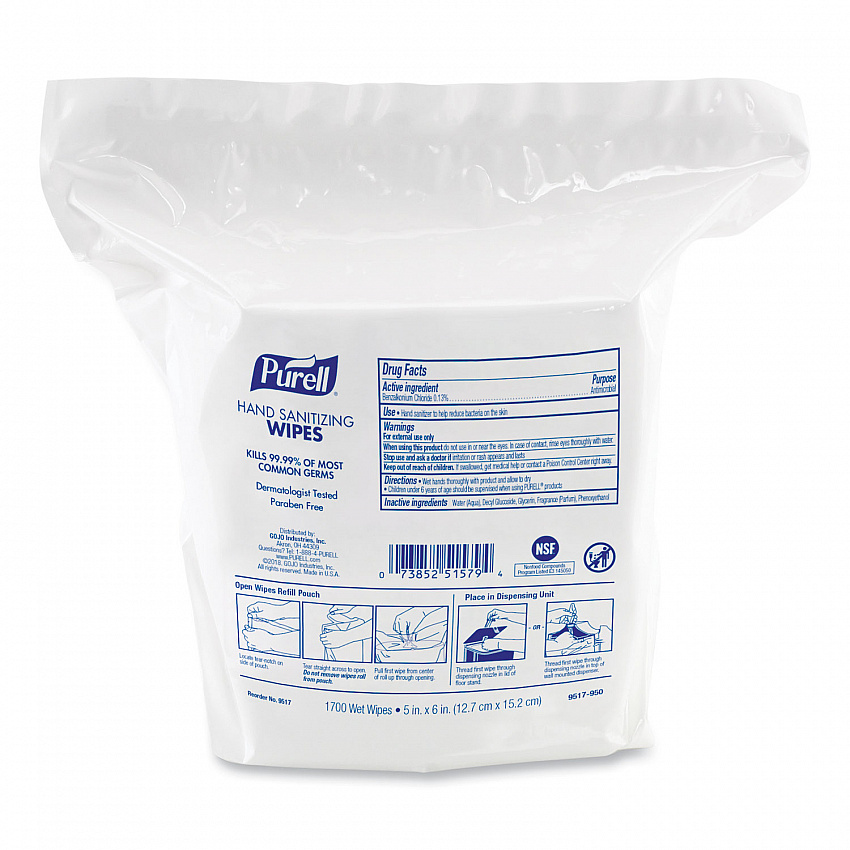 Hand Sanitizing Wipes, 5 x 6, Fresh Citrus Scent, White, 1,700/Refill Pouch, 4/Carton (951704CT)