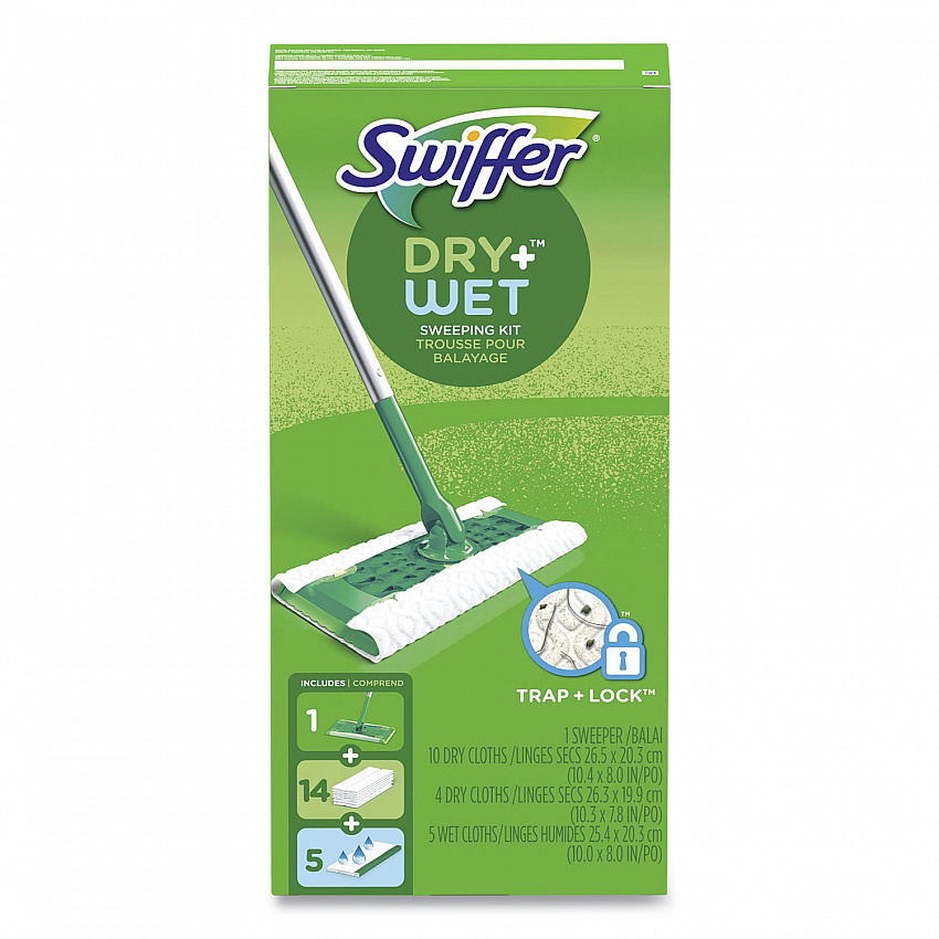 Sweeper Mop, 10 x 4.8 White Cloth Head, 46" Silver/Green Aluminum/Plastic Handle (49947)