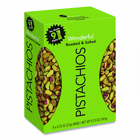 Wonderful No Shells Pistachios, Roasted and Salted, 0.75 oz Bag, 9 Bags/Box, 4 Boxes/Carton (PAR91100)