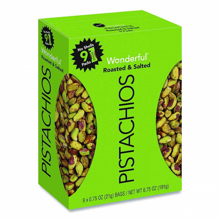 Wonderful No Shells Pistachios, Roasted and Salted, 0.75 oz Bag, 9 Bags/Box, 4 Boxes/Carton (PAR91100)