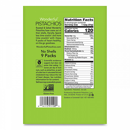 Wonderful No Shells Pistachios, Roasted and Salted, 0.75 oz Bag, 9 Bags/Box, 4 Boxes/Carton (PAR91100)