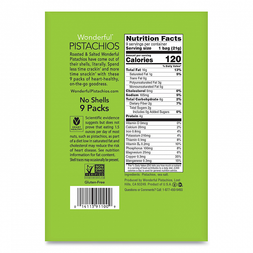 Wonderful No Shells Pistachios, Roasted and Salted, 0.75 oz Bag, 9 Bags/Box, 4 Boxes/Carton (PAR91100)