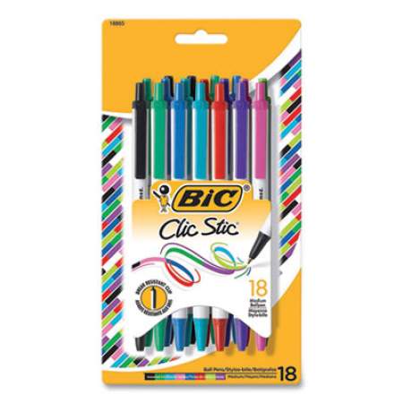 BIC Clic Stic Ballpoint Pen, Retractable, Medium 1 mm, Assorted Ink Colors, White Barrel, 18/Pack (CSMAP18AST)