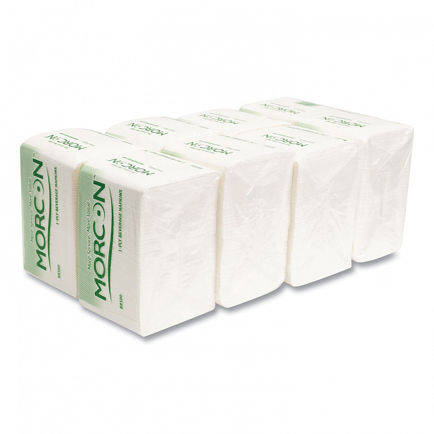 Morsoft Beverage Napkins, 1-Ply, 9 x 9, White, 500/Pack, 8 Packs/Carton (B8500)