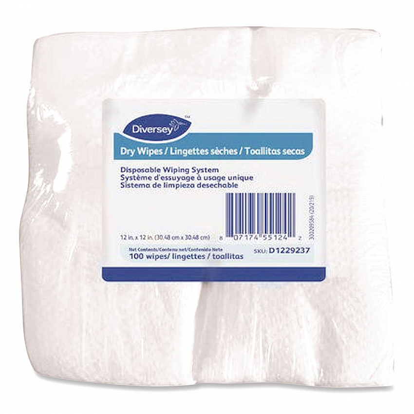 Dry Wipe Disposable Wiping System, 1-Ply, 12 x 12, Unscented, White, 100/Pack, 6 Packs/Carton (D1229237)