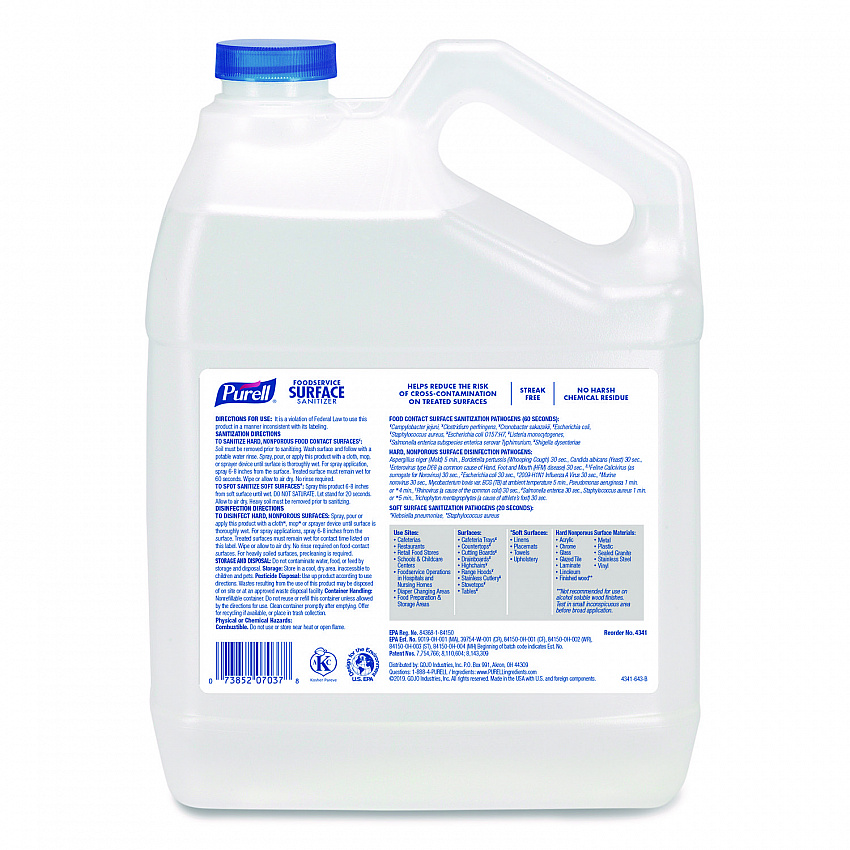 Foodservice Surface Sanitizer, Fragrance-Free, 1 gal Bottle, 4/Carton (434104)