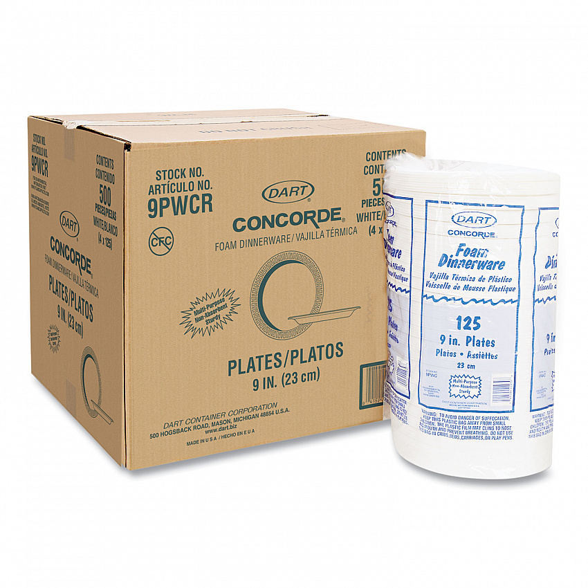 Concorde Foam Plate, 9" dia, White, 125/Pack, 4 Packs/Carton (9PWCR)