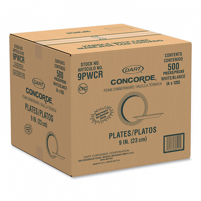 Concorde Foam Plate, 9" dia, White, 125/Pack, 4 Packs/Carton (9PWCR)