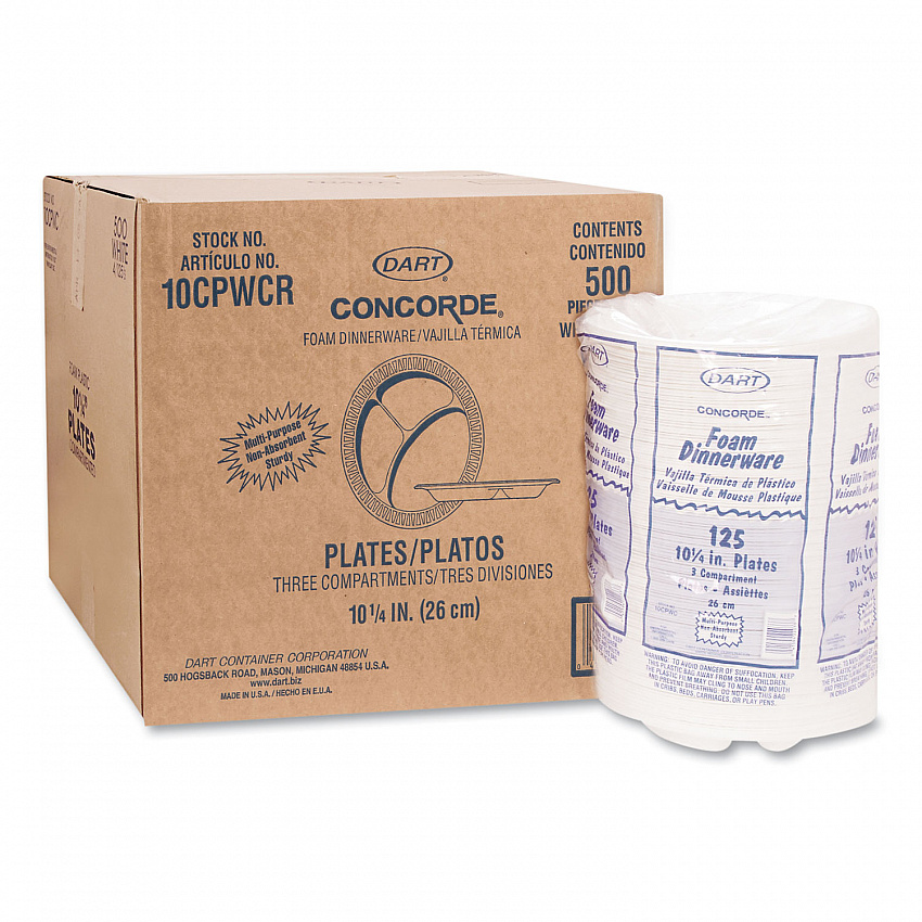 Concorde Foam Plate, 3-Compartment Plate, 10.25" dia, White, 125/Pack, 4 Packs/Carton (10CPWCR)