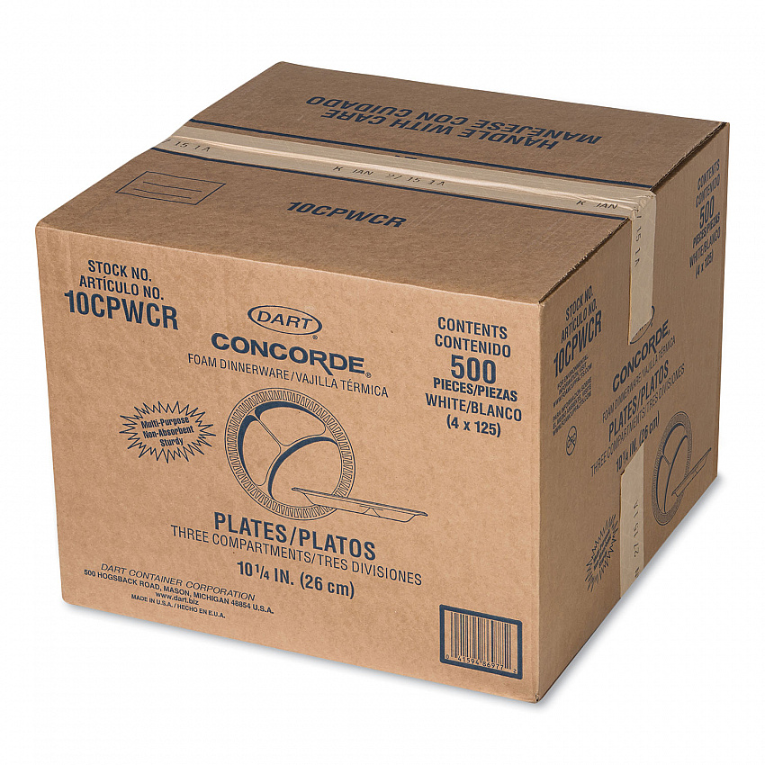 Concorde Foam Plate, 3-Compartment Plate, 10.25" dia, White, 125/Pack, 4 Packs/Carton (10CPWCR)