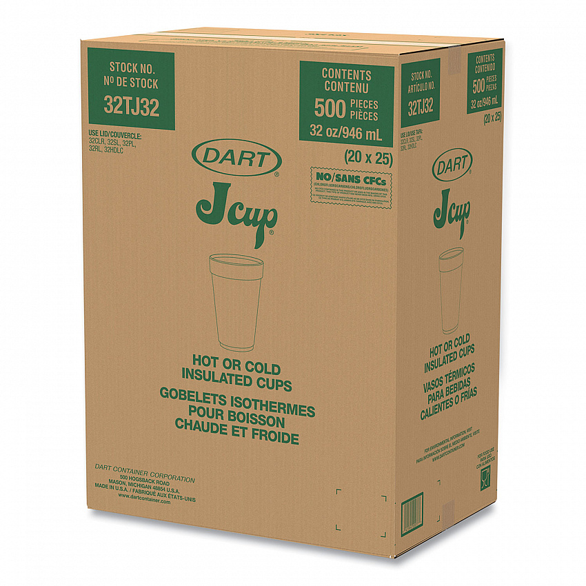 Foam Drink Cups, 32 oz., White, 25/Bag, 20 Bags/Carton (32TJ32)