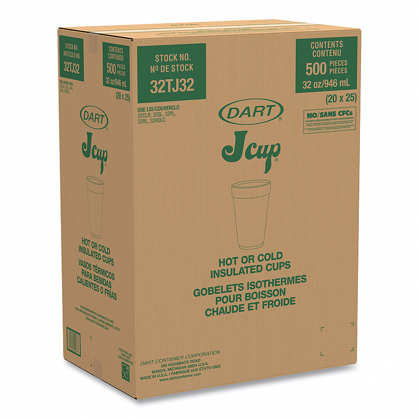 Foam Drink Cups, 32 oz., White, 25/Bag, 20 Bags/Carton (32TJ32)