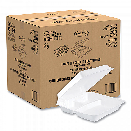 Foam Hinged Lid Containers, 3 Compartments, 9.25 x 9.5 x 3, White, 100/Sleeve, 2 Sleeves/Carton (95HT3R)