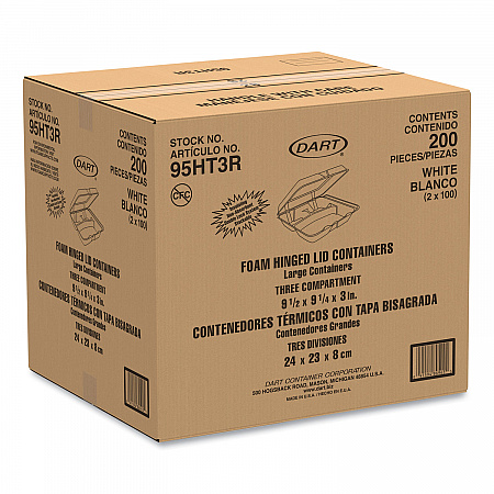 Foam Hinged Lid Containers, 3 Compartments, 9.25 x 9.5 x 3, White, 100/Sleeve, 2 Sleeves/Carton (95HT3R)