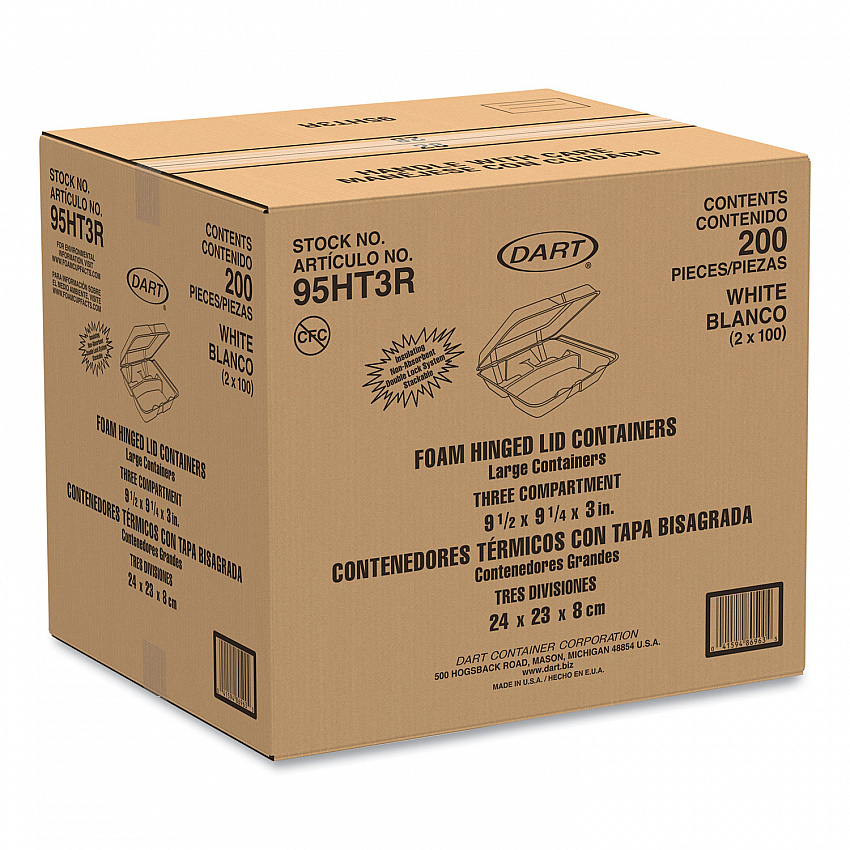 Foam Hinged Lid Containers, 3 Compartments, 9.25 x 9.5 x 3, White, 100/Sleeve, 2 Sleeves/Carton (95HT3R)