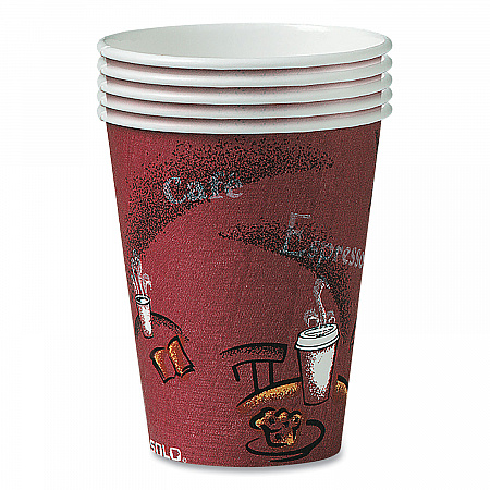 Paper Hot Drink Cups in Bistro Design, 10 oz, Maroon, 300/Carton (OF10BI0041)
