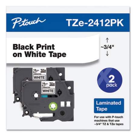 Brother P-Touch TZe Standard Adhesive Laminated Labeling Tape, 0.7" x 26.2 ft, Black on White, 2/Pack (TZE2412PK)