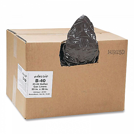 Linear Low-Density Can Liners, 33 gal, 0.63 mil, 33 x 39, Black, 25 Bags/Roll, 10 Rolls/Carton (B40790170)