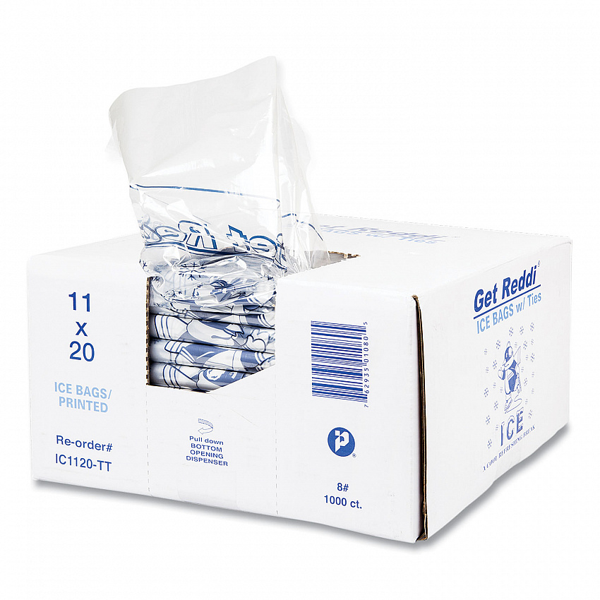 Ice Bags with Twist-Ties, Ice: Penguin Icon Labeling, 8 lb Capacity, 11" x 20", Clear, 1,000/Carton (IC1120)