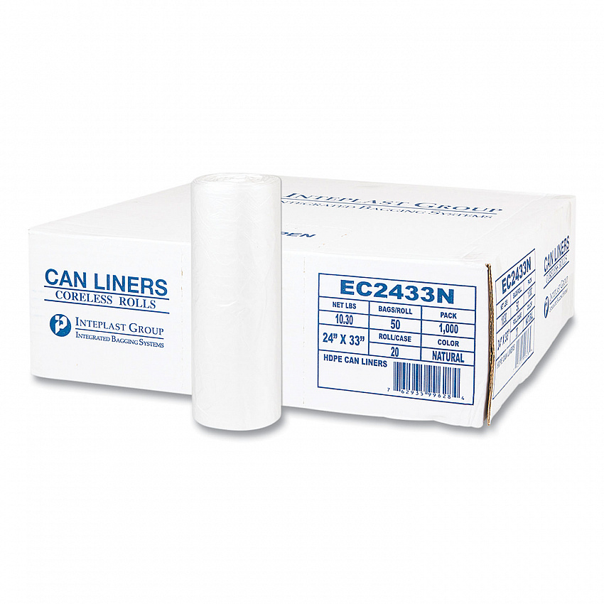 High-Density Commercial Can Liners, 16 gal, 5 mic, 24" x 33", Natural, Perforated Roll, 50 Bags/Roll, 20 Rolls/Carton (EC2433N)