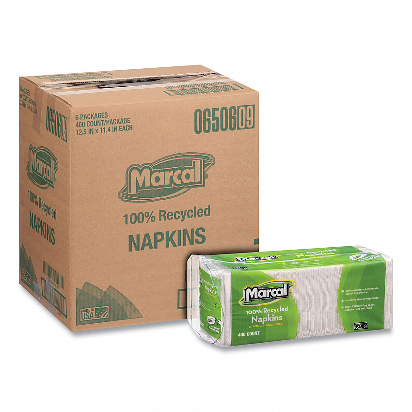 100% Recycled Luncheon Napkins, 1 Ply, 11.4 x 12.5, White, 400/Pack, 6 Packs/Carton (6506)