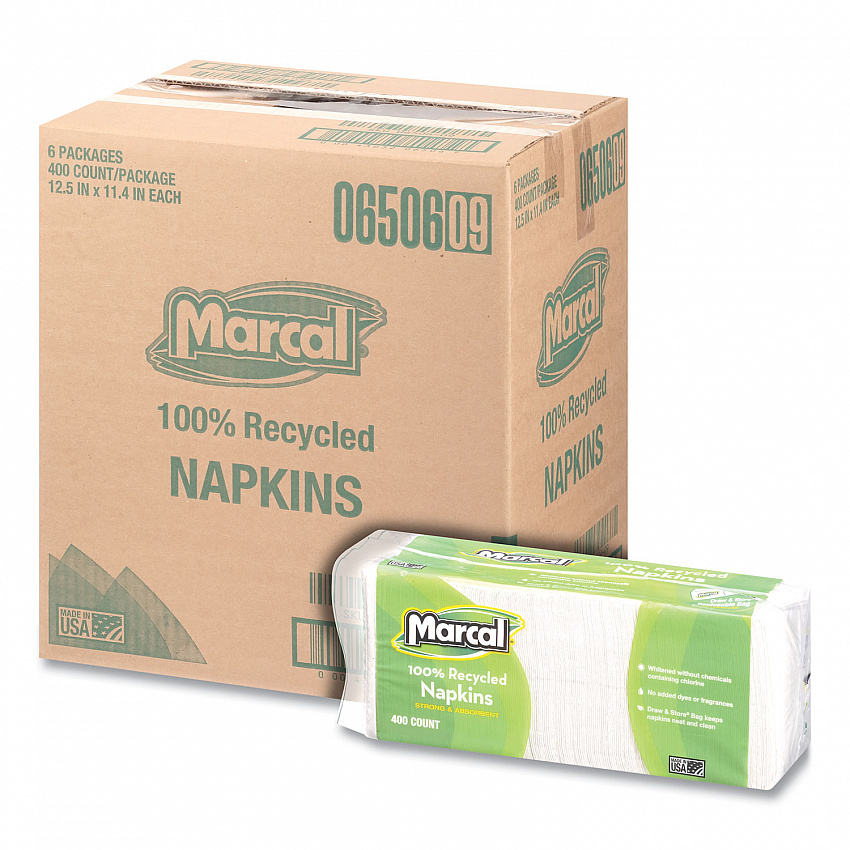 100% Recycled Luncheon Napkins, 1 Ply, 11.4 x 12.5, White, 400/Pack, 6 Packs/Carton (6506)