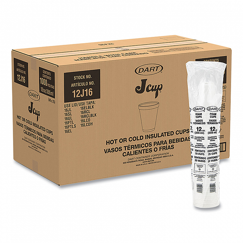 Foam Drink Cups, 12 oz, Squat, White, 1,000/Carton (12J16)