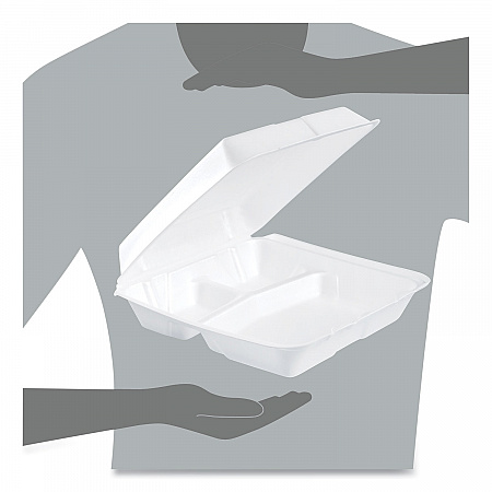 Foam Hinged Lid Containers, 3 Compartments, 9.25 x 9.5 x 3, White, 100/Sleeve, 2 Sleeves/Carton (95HT3R)
