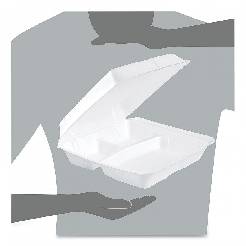 Foam Hinged Lid Containers, 3 Compartments, 9.25 x 9.5 x 3, White, 100/Sleeve, 2 Sleeves/Carton (95HT3R)