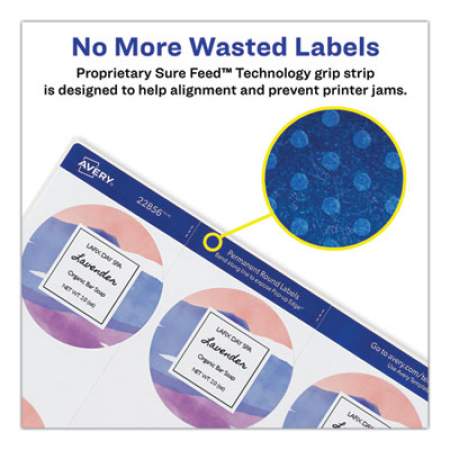 Avery Durable White ID Labels w/ Sure Feed, 2 1/2" dia, White, 72/Pk (22856)