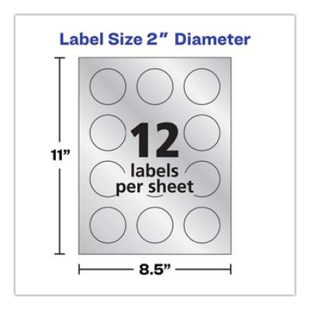 Avery Round Labels, Inkjet Printers, 2" dia., Silver, 12/Sheet, 8 Sheets/Pack (22824)