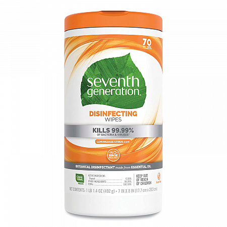 Botanical Disinfecting Wipes, 7 x 8, Lemongrass Citrus, 70 Count, 6/Carton (22813CT)
