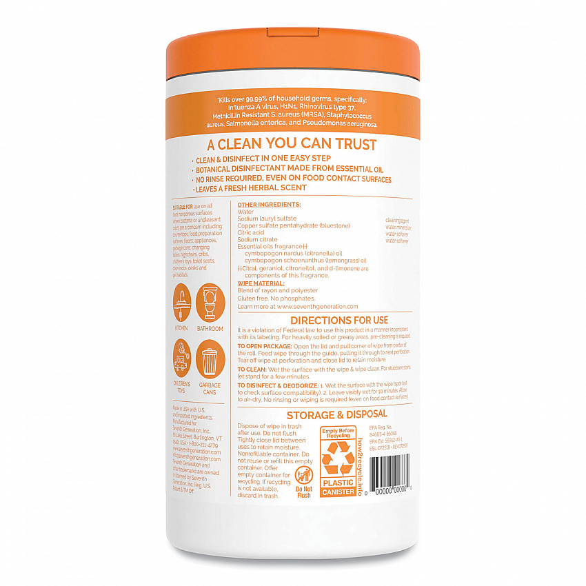 Botanical Disinfecting Wipes, 7 x 8, Lemongrass Citrus, 70 Count, 6/Carton (22813CT)