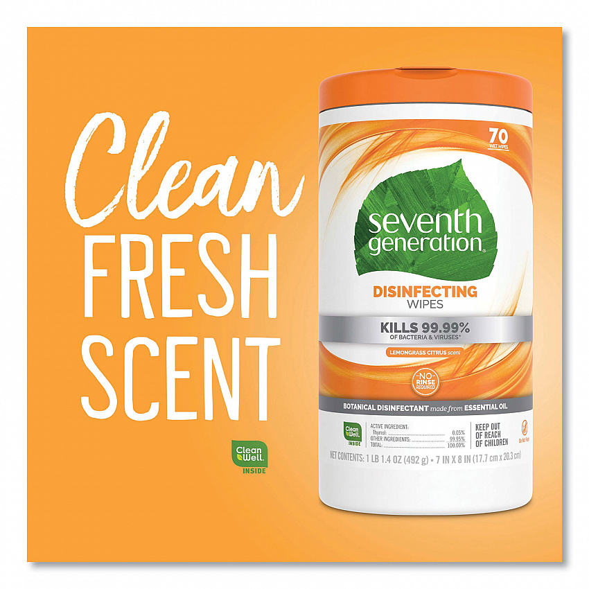 Botanical Disinfecting Wipes, 7 x 8, Lemongrass Citrus, 70 Count, 6/Carton (22813CT)