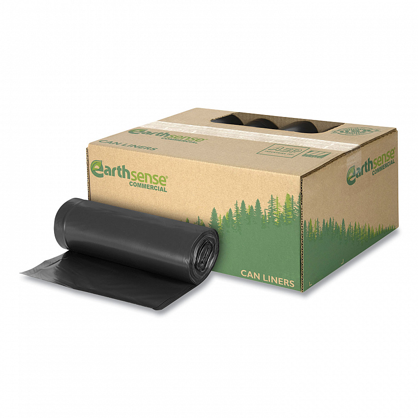 Linear Low Density Recycled Can Liners, 60 gal, 1.25 mil, 38" x 58", Black, 10 Bags/Roll, 10 Rolls/Carton (RNW6050)