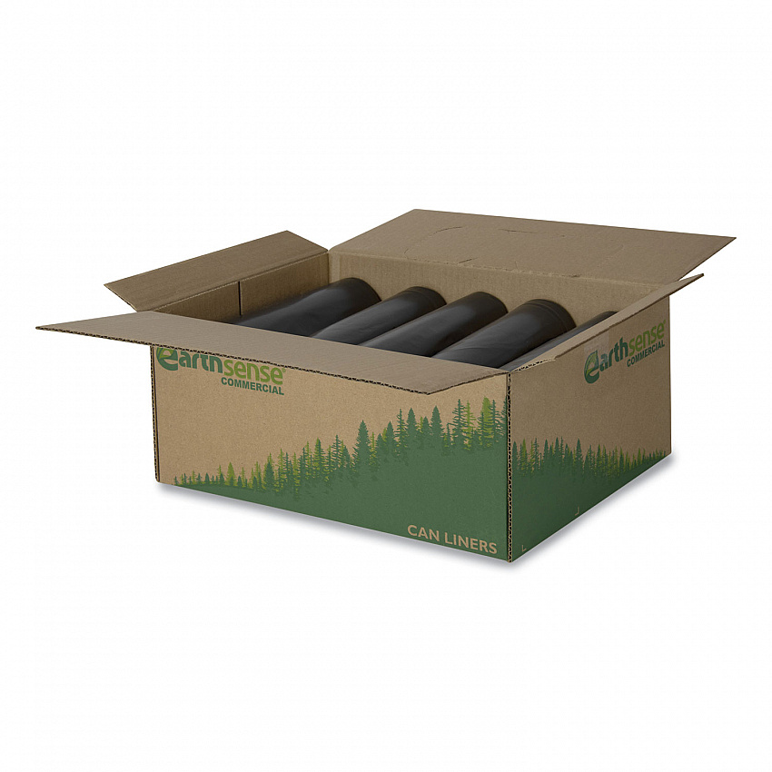 Linear Low Density Recycled Can Liners, 60 gal, 1.25 mil, 38" x 58", Black, 10 Bags/Roll, 10 Rolls/Carton (RNW6050)