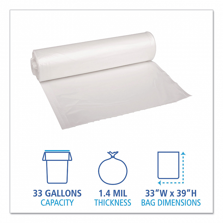 Recycled Low-Density Polyethylene Can Liners, 33 gal, 1.4 mil, 33" x 39", Clear, Perforated, 10 Bags/Roll, 10 Rolls/Carton (534)