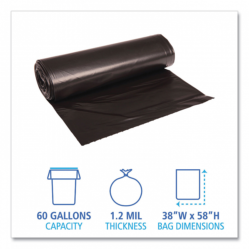 Recycled Low-Density Polyethylene Can Liners, 60 gal, 1.2 mil, 38" x 58", Black, Perforated, 10 Bags/Roll, 10 Rolls/Carton (519)