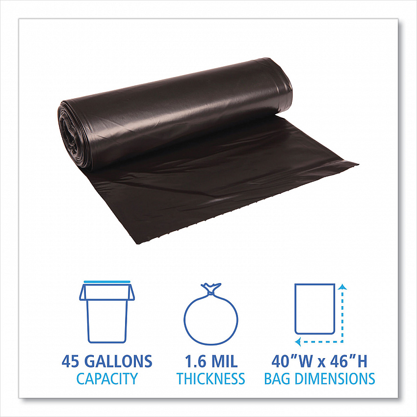 Recycled Low-Density Polyethylene Can Liners, 45 gal, 1.6 mil, 40" x 46", Black, Perforated, 10 Bags/Roll, 10 Rolls/Carton (521)