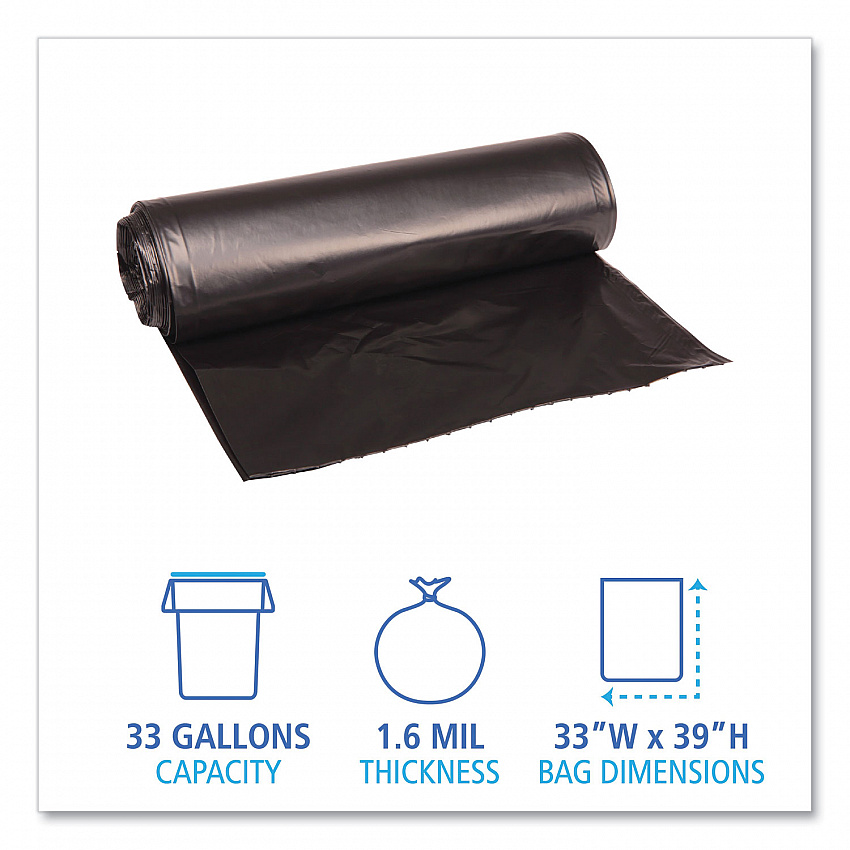 Recycled Low-Density Polyethylene Can Liners, 33 gal, 1.6 mil, 33" x 39", Black, Perforated, 10 Bags/Roll, 10 Rolls/Carton (520)