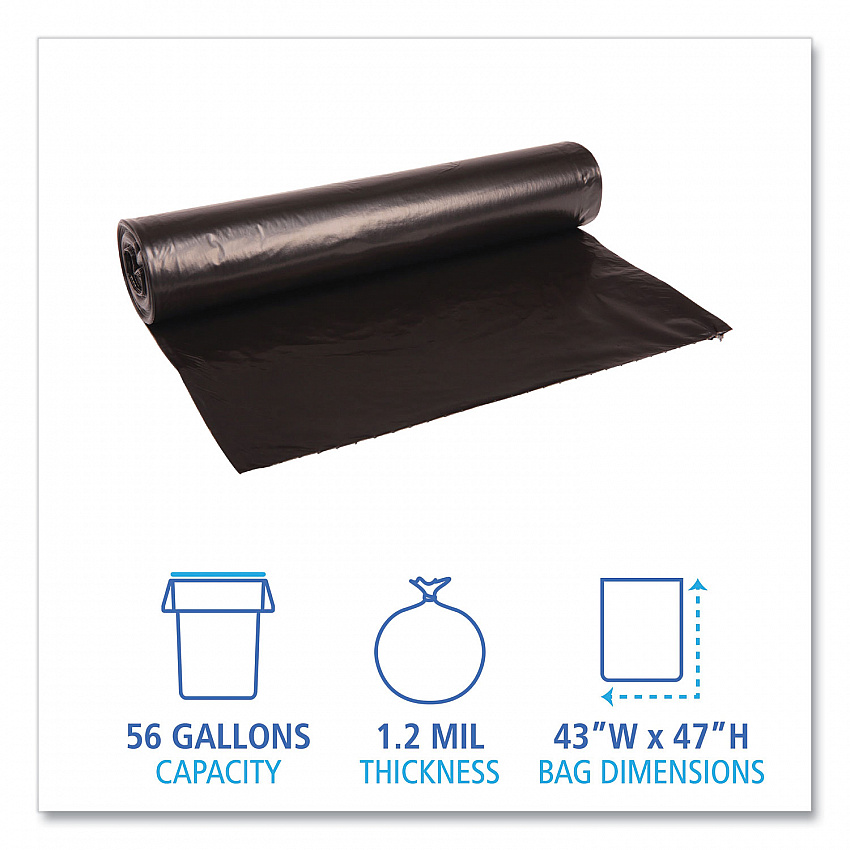 Recycled Low-Density Polyethylene Can Liners, 56 gal, 1.2 mil, 43" x 47", Black, Perforated, 10 Bags/Roll, 10 Rolls/Carton (518)