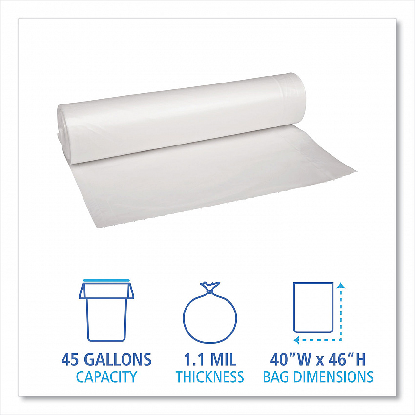 Recycled Low-Density Polyethylene Can Liners, 45 gal, 1.1 mil, 40" x 46", Clear, Perforated, 10 Bags/Roll, 10 Rolls/Carton (531)