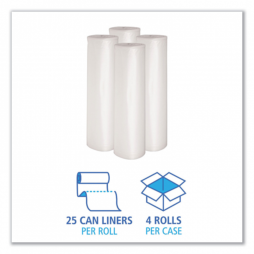 Recycled Low-Density Polyethylene Can Liners, 60 gal, 1.1 mil, 38" x 58", Clear, Perforated, 10 Bags/Roll, 10 Rolls/Carton (533)