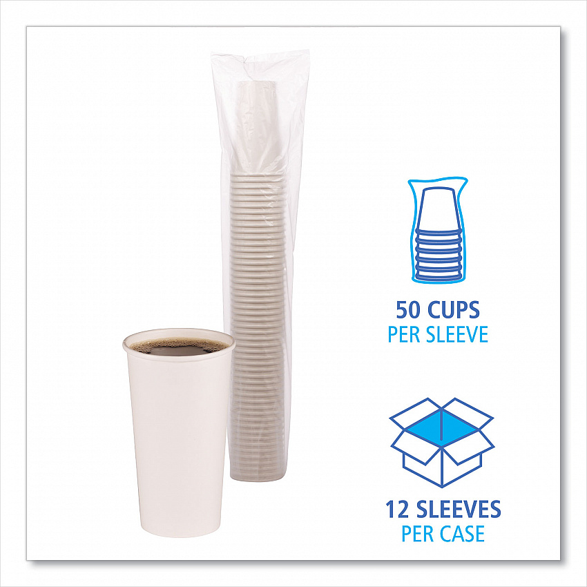 Paper Hot Cups, 20 oz, White, 50/Sleeve, 12 Sleeves/Carton (WHT20HCUP)