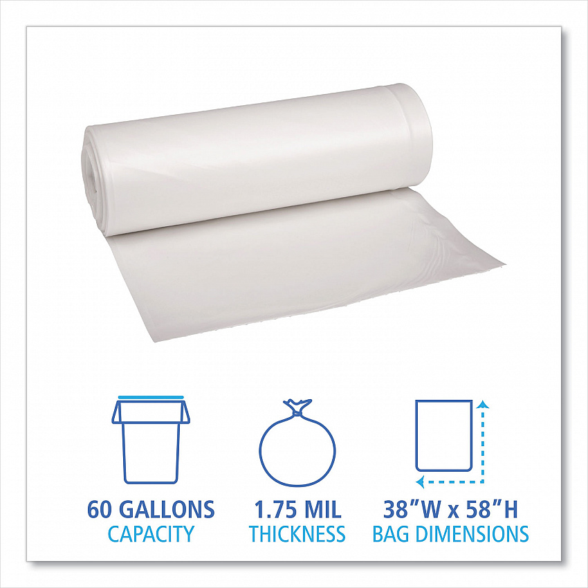Recycled Low-Density Polyethylene Can Liners, 60 gal, 1.75 mil, 38" x 58", Clear, Perforated, 10 Bags/Roll, 10 Rolls/Carton (538)