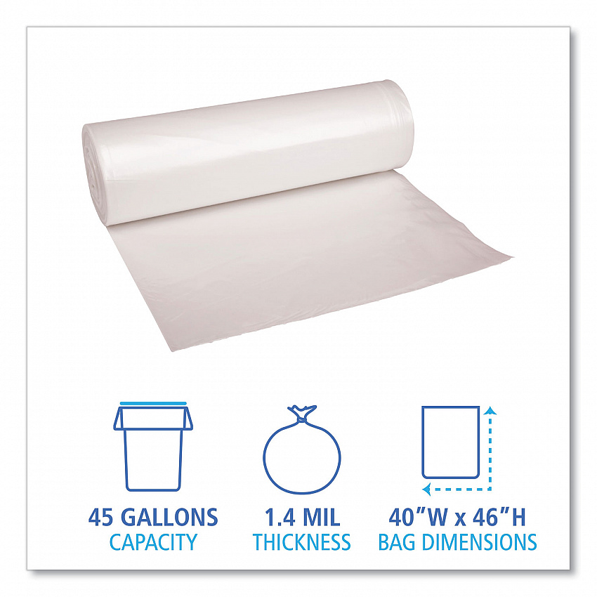 Recycled Low-Density Polyethylene Can Liners, 45 gal, 1.4 mil, 40" x 46", Clear, Perforated, 10 Bags/Roll, 10 Rolls/Carton (535)
