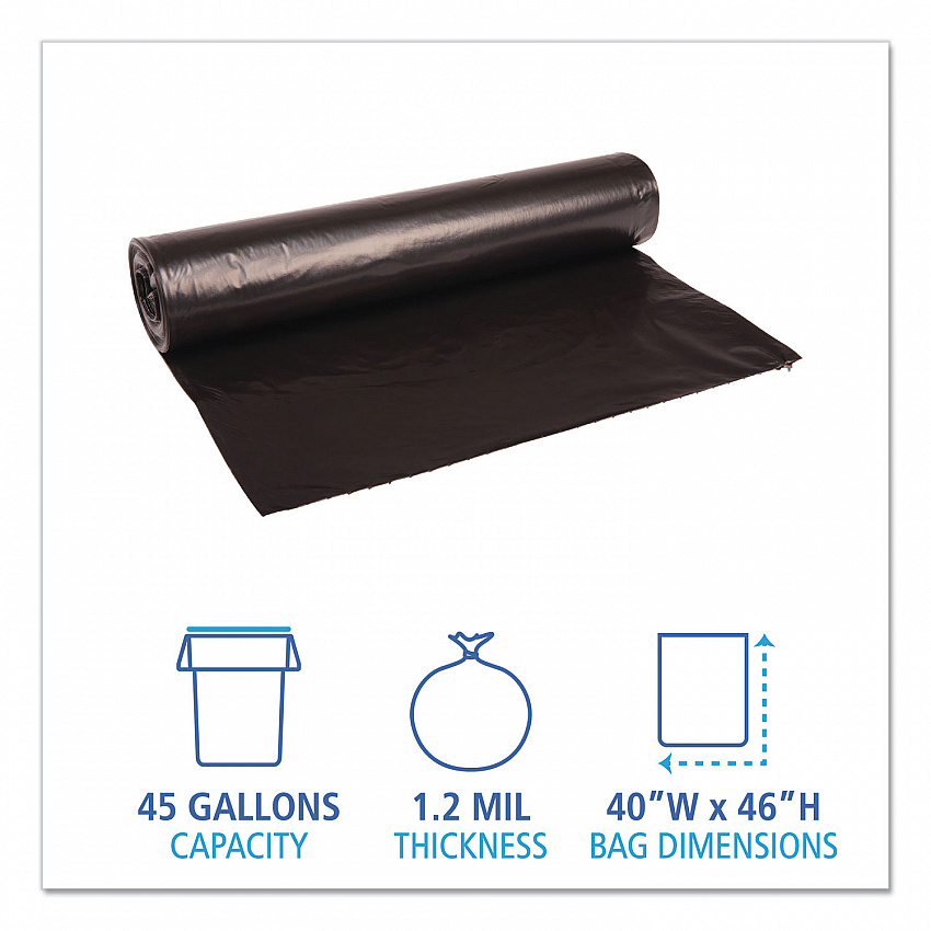Recycled Low-Density Polyethylene Can Liners, 45 gal, 1.2 mil, 40" x 46", Black, Perforated, 10 Bags/Roll, 10 Rolls/Carton (517)